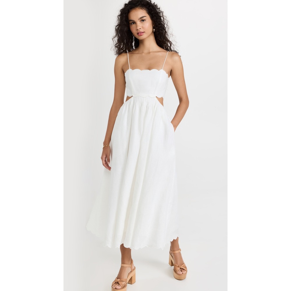Lucy Paris Scalloped Cut Out Midi Dress White Linen Blend Size M